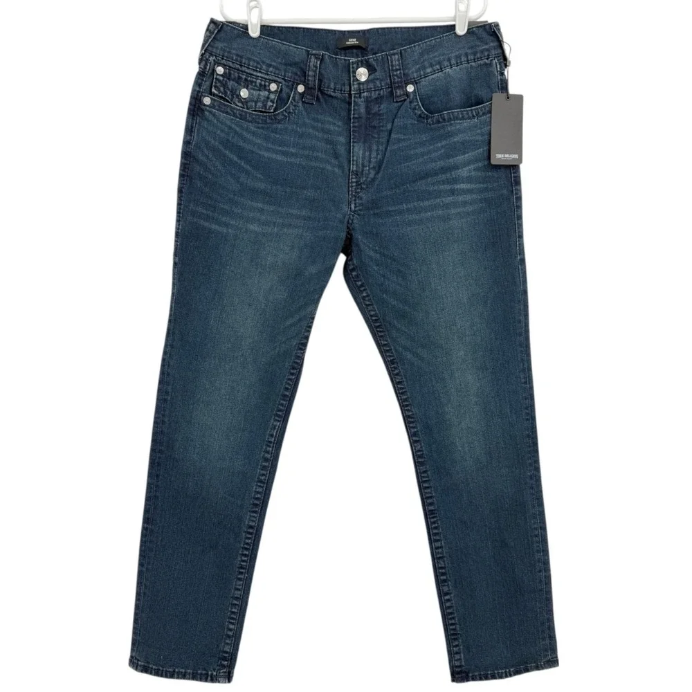 True Religion Men's Geno Relaxed Slim Big T Blue Denim Jeans 36x32 NWT $199.00